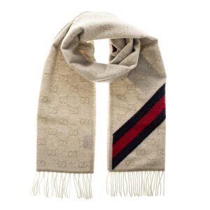 NEW W TAG Gucci Nikky GG Logo Printed Wool Beige Scarf Made In Italy